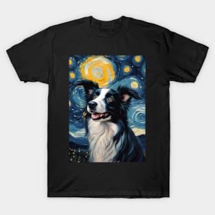 Adorable Border Collie Dog Breed Painting in a Van Gogh Starry Night Art Style T-Shirt